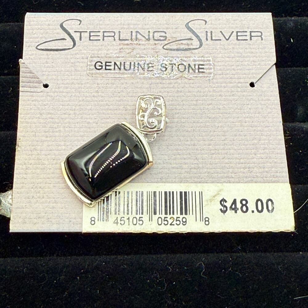Sterling Silver Black Onyx Pendant Genuine Stone Rectangular Design